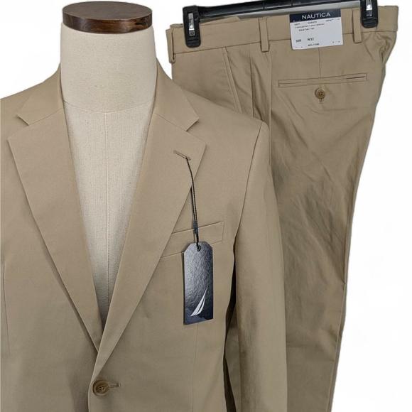 Nautica Men’s Modern Fit 2 Piece Stretch Suit Jacket 38R Pants 32x32 Khaki Tan - Picture 1 of 9